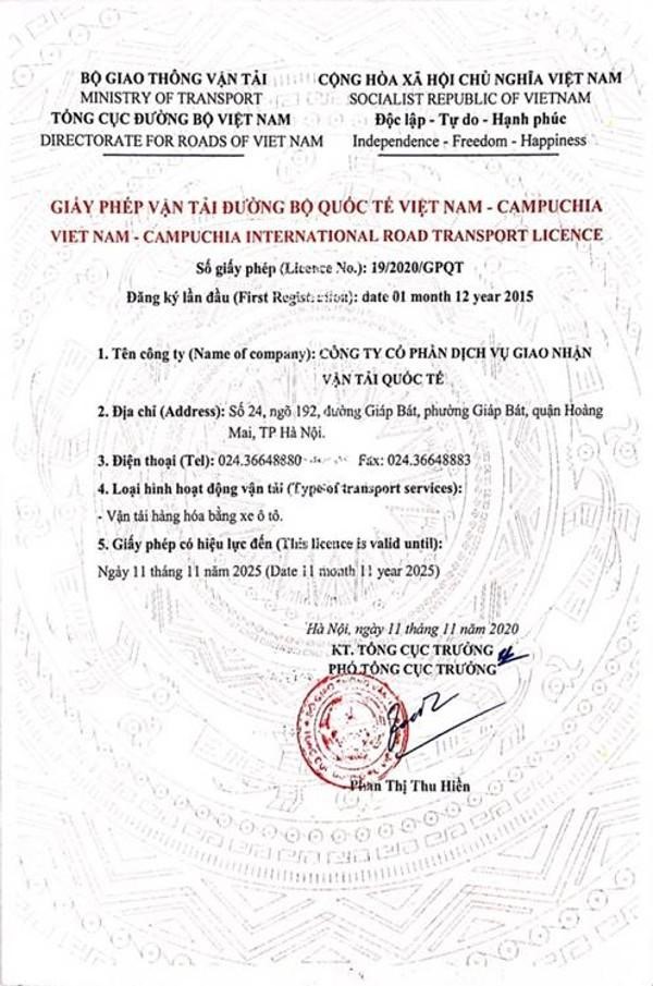 Giấy phép vận ải đường bộ Việt Nam - Campuchia